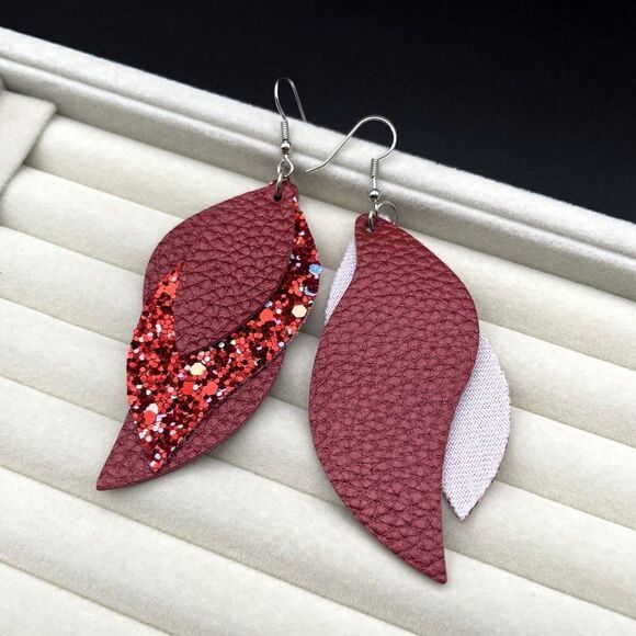 Red Faux Leather with Sequin Layered Leaf 316L Stainless Steel Hook Earrings - Picture 7 of 10